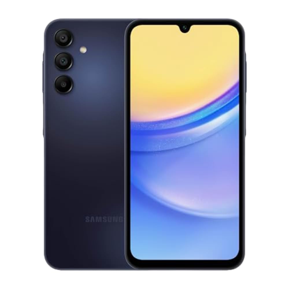 Phone A15 galaxy smartphone back and front stacked showing 3 lenses
