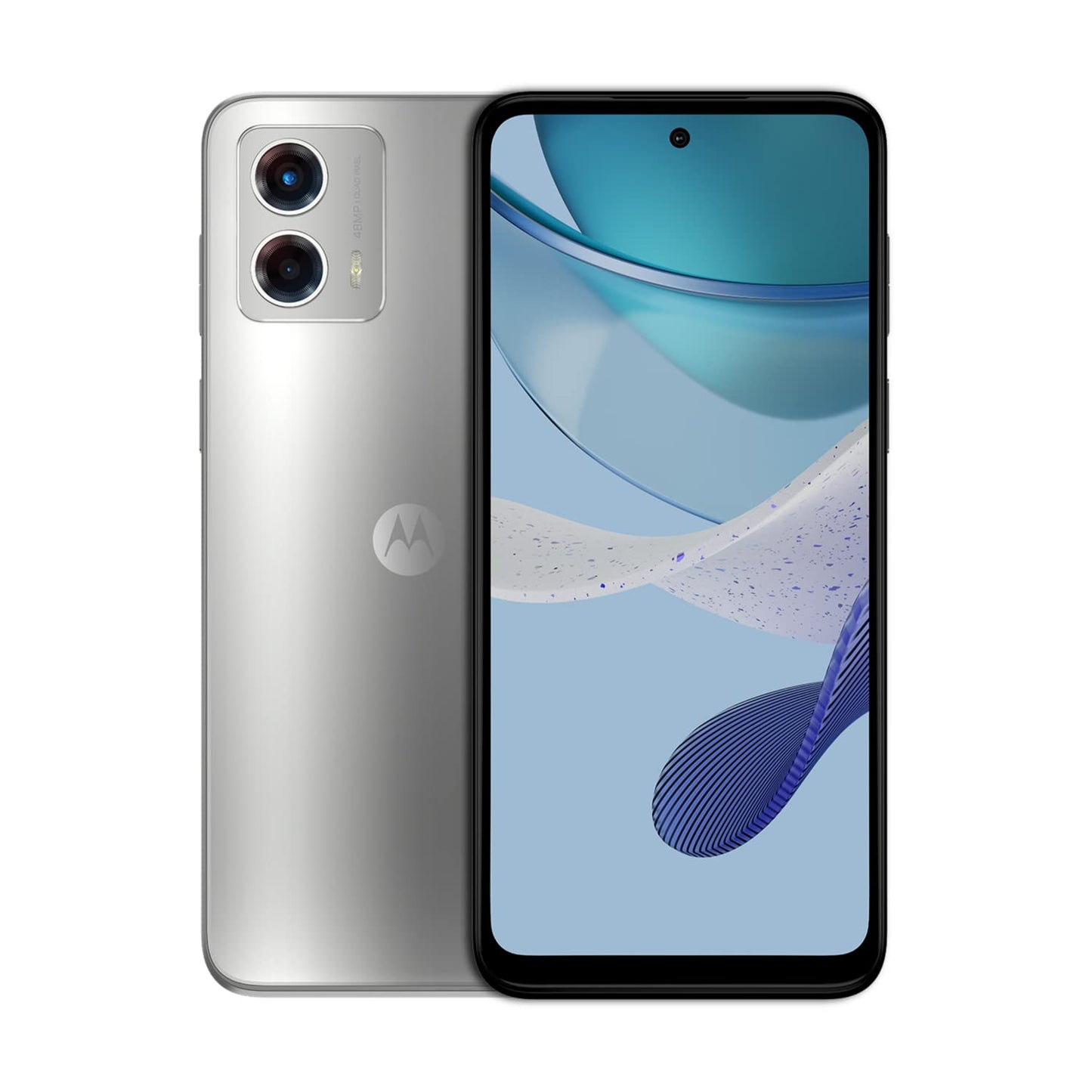 back of smartphone showing 2 camera lenses with front of phone stacked on top of eachother of Motorolla G 5G 2023